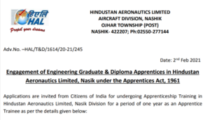HAL Nashik Apprentice 2021/hal apprentice recruitment2021