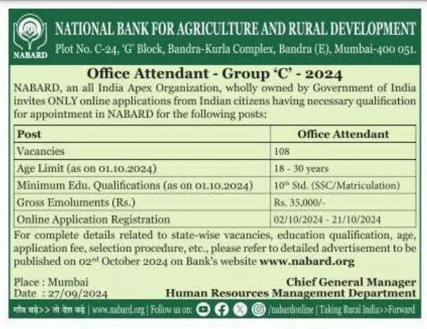 NABARD office attendant recruitment 2024